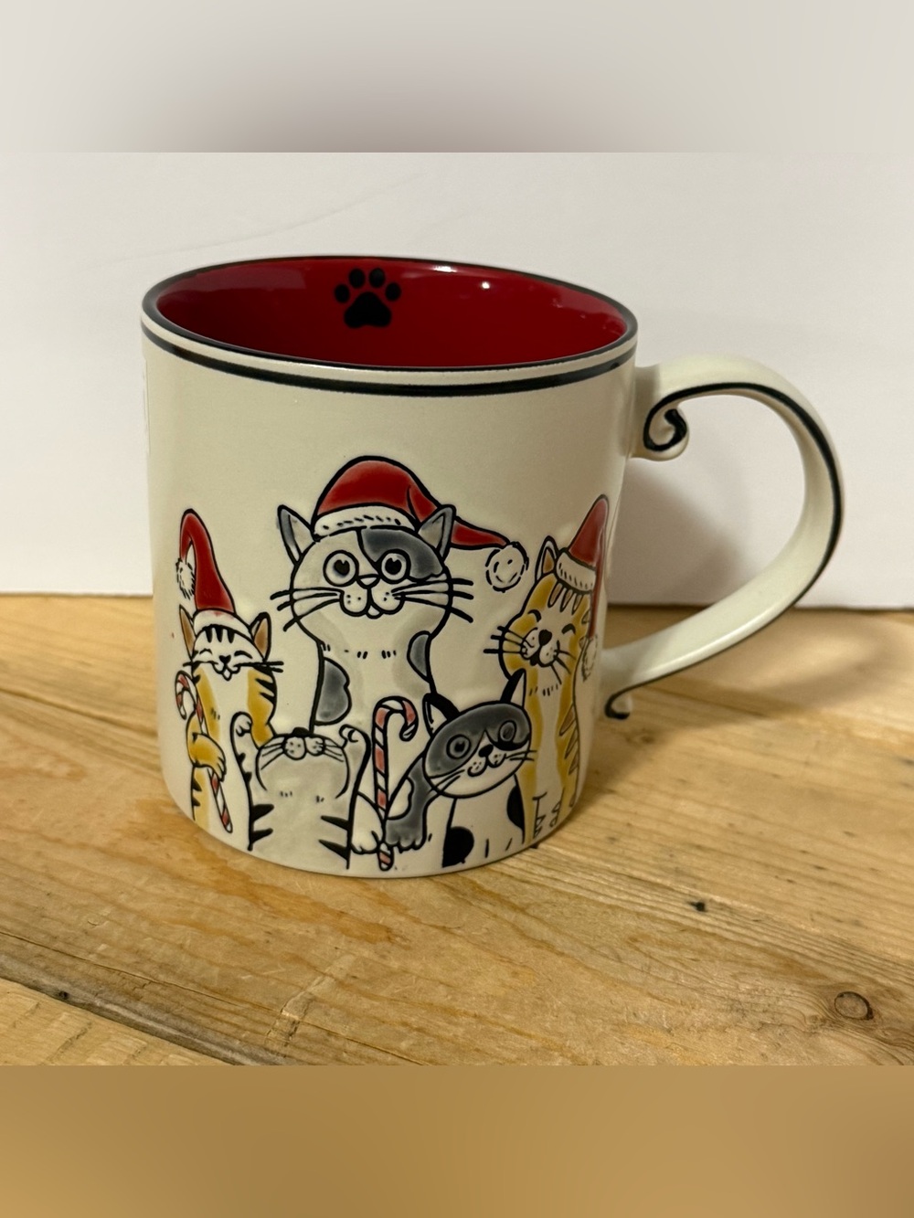 Festive Cat Ceramic Mug in Cream and Red